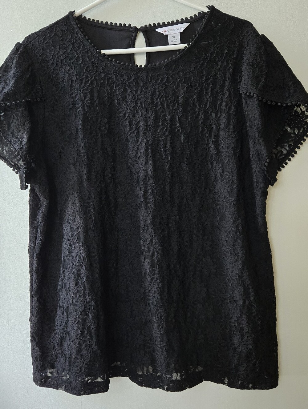 Liz Claiborne XL Black Lace Blouse V-Neck Flutter Sleeves Pompom Boho Work Lined